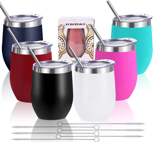 6 Pack Mix Color 12 Oz Stainless Steel Stemless Wine Glass Tumbler Double Wall Vacuum Insulated Bulk Wine Tumbler with Lids and Straw Set of 6 Assorted Color,Gift Pack for Coffee, Wine